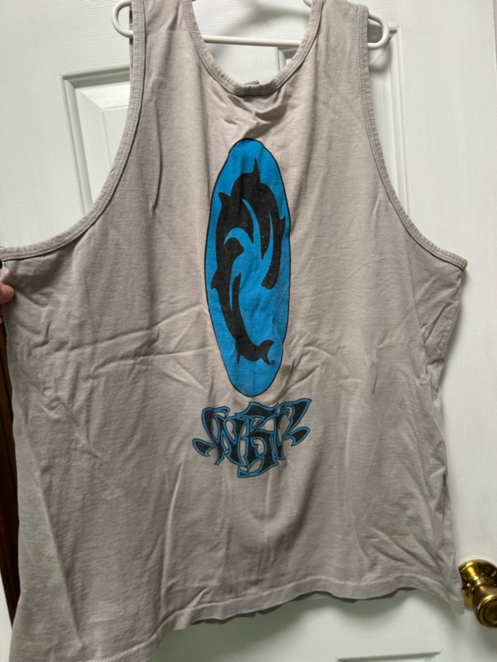 WRV Gray TankTop w Blue Dolphin Graphic, Mens Small. Graphics front and back.